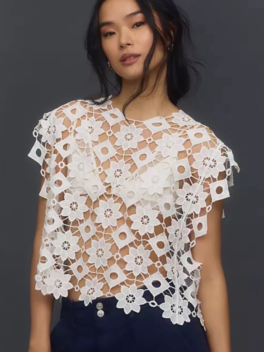 Anthropologie Maeve White Crochet Floral Crop Top boho One Size